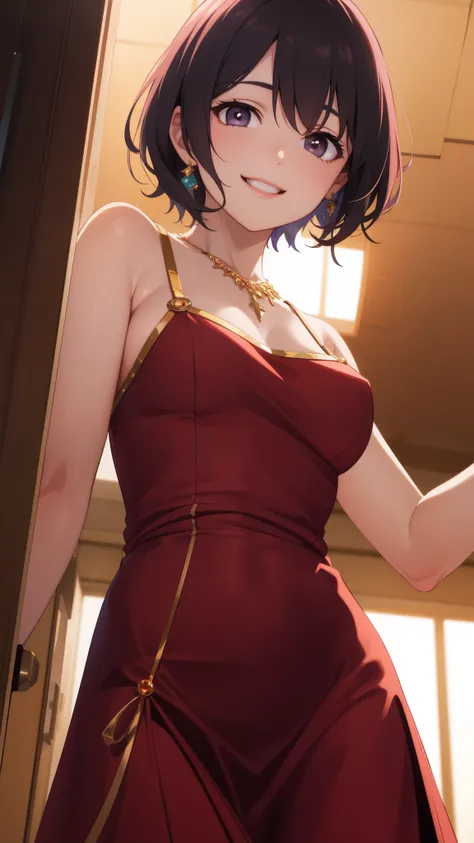 elegant, realistic, Golden hour lighting, midi dress, (idol), (Charming: 1), (purple short hair: 0.8), ((Puffy eyes)), Facing forward, Smiling, Laughing, from below