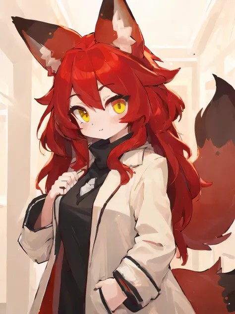 (best quality:2),(masterpiece:1.2),(detailed:1.1), 1girl, solo red hair, one eye is green and another is yellow, white coat, fox...