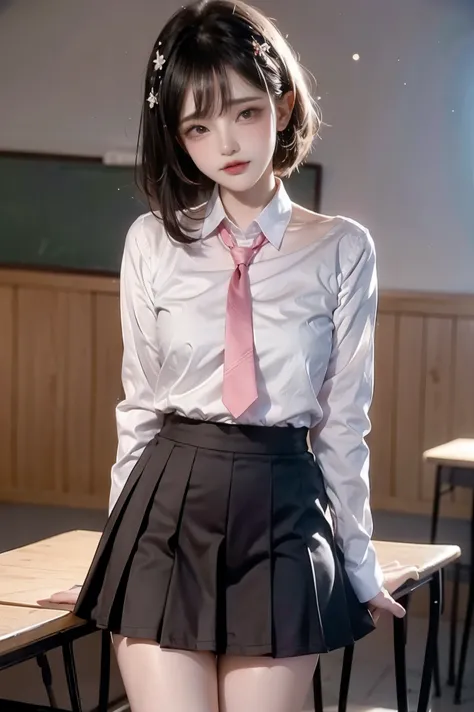 Beautiful skin, shining skin,skin pores, shining hair, hair bang, hair pin, black pink hair, full blush face, school uniform, sexy legs, in classroom, phosphorescent, gentle lights, vibrant colours, intricate details, high quality, masterpiece, photography