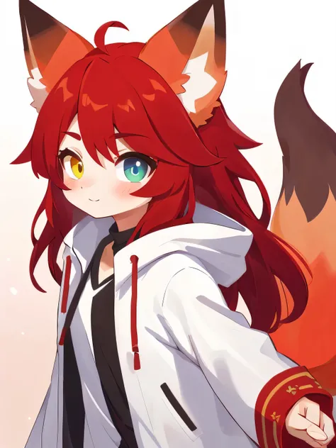 (best quality:1.5),(masterpiece:1.2),(detailed:1.1), 1girl, solo red hair, one eye is yellow and another is green, heterochromia, white coat, fox girl, fox ears, fox tail