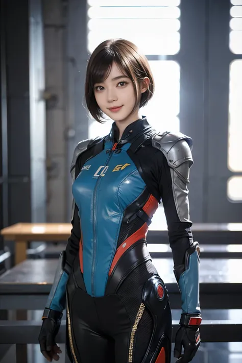 163
Shorthair,  (a 20 yo woman, standing), A hyper-realistic, gentle smile, sci-fi cool suit, (口紅), futuristic fighter aircraft
