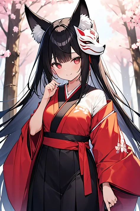 Black hair, M-shaped bangs, intake hair, long hair, red eyes, fox ears, a white Japanese fox mask hanging on the left side of the head, a black and pink cherry blossom pattern kimono, a smile, and a Japanese sword around her waist. Japanese-style fox-like ...