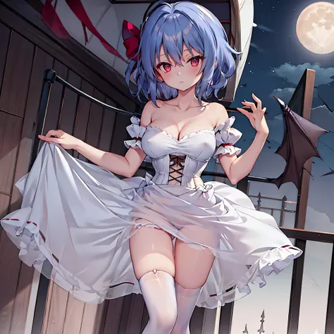 (Remilia toho character), (solo:1.2), skinny, (standing on the deck of mansion:1.1), a full moon, midnight, BREAK, short hair, collarbone, (emphasize very small perky breasts:1.1), (emphasize cleavage:1.2), (inconceivably thin narrow waist:1.3), (very shor...