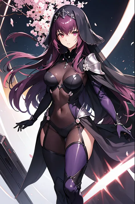 armor, bodysuit, pauldrons, purple bodysuit, shoulder armor, thighs, veil, black veil, scathach from (fate), scathach, flowery f...