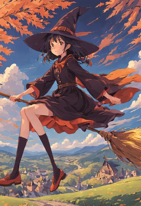 1 girl, alone,flying witch,broom ride,