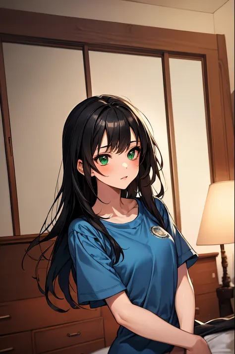 masterpiece, highest quality, 1 girl, green eyes、long black hair, blue jersey, home bedroom