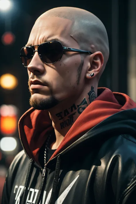 (best quality,highres),(realistic:1.37),portrait,painting,Eminem as Deadpool,red and black color theme,portrait,close-up shot,attitude,rapper,hip hop,sunglasses,hoodie,tattoos,beard,shaved head,serious expression,artistically detailed face,detailed facial ...