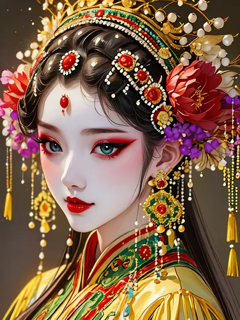 (masterpiece, best quality:1.2),1 girl,beautiful，portrait，chinese peking opera，gorgeous costumes，exquisite headdress，flower head...