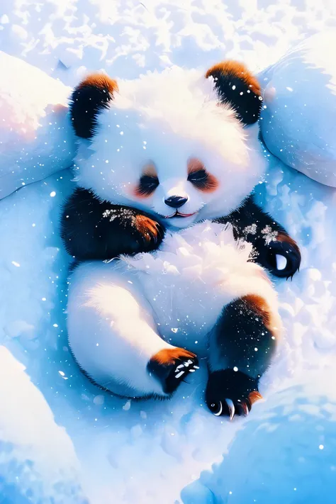 sleeping panda in the snow: an image of a panda peacefully sleeping in the snow, conveying comfort and warmth