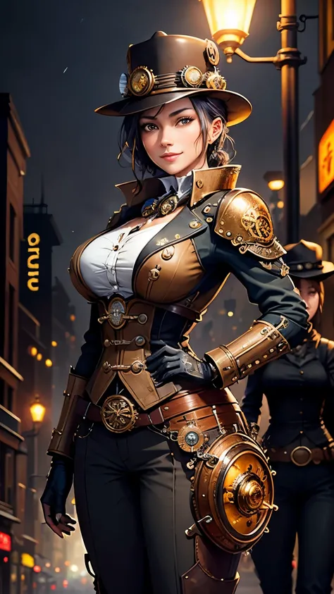 steampunkai。highest quality。masterpiece。detailed details。(two women)。Beautiful woman。steampunk police officer。(Sturdy trousers)。Patrol the city on foot。(gentle smile)。Bright streetlight。The background is a foggy night city。