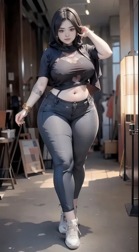 ((best quality)), ((masterpiece)), (detailed), perfect face, araffe woman thick and thight long pants posing for a picture, curvy model,, curvy hourglass figure, sexy longest hand t-shirt, thicc, beautiful full body shot, soft curvy shape, in a longest han...