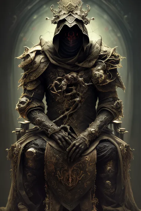 sitting on the throne, king of the dead with a crown of bones, black web robe, web, spiders on armor, with a black blade in his hand, fantasy, dramatic photo, dynamic photo, full body view,  model poses, blurred background, highly detailed, ultra-realistic...