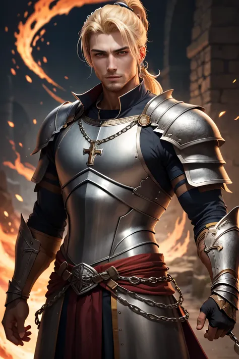 "Splendid high-resolution artwork featuring a handsome single character with blonde hair and a stylish high ponytail wearing silver chainmail armor, embodying the essence of a noble and virtuous Holy Warrior."