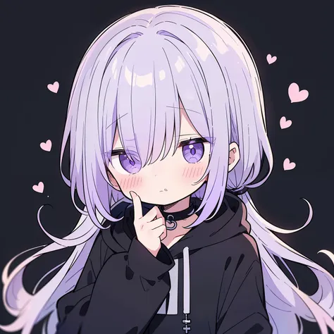 1 boy、shota、shota、cute、gray hair、mash hair、purple eyes、azatoi、blush、black hoodie、black jersey、simple white background、finger on ...