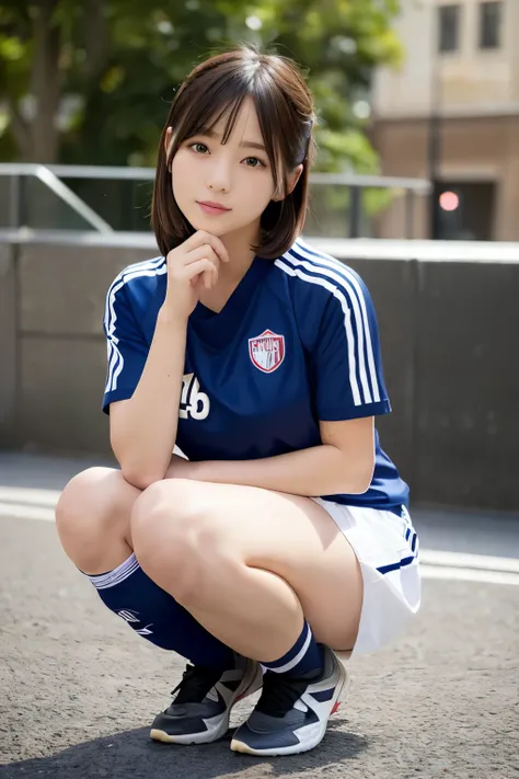 1 girl,big breasts,beautiful and fine eyes,cute,professional lighting,highest quality, soccer, uniform,Super Short Hair, kick