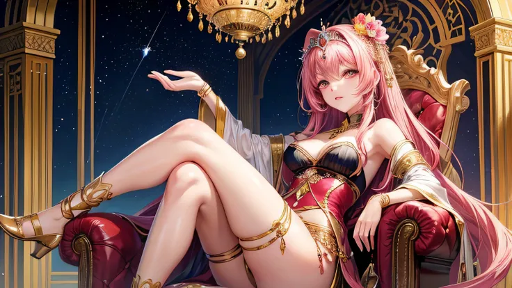 (Masterpiece, top quality, Best quality, Official art, beautiful and aesthetically pleasing:1.2), (1 girl), extremely detailed, pink hair, Red eyes, sitting on the throne ,golden tiara, Oriental dancer, Arabian fairytale interior, daemon, gin, colorful, As...