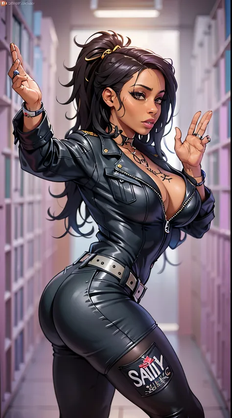 dark skin middle aged  drugged gorgeous Jamaican woman , tired and sleepy, on drugs, messy black dreads, tattoos, in handcuffs, wearing prison jumpsuit with logo, , in jail cell with gorgeous black woman curvy, showing big ass