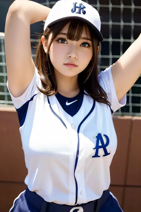 1 girl,big breasts,beautiful and fine eyes,cute,professional lighting,highest quality, baseball, uniform, Stretching