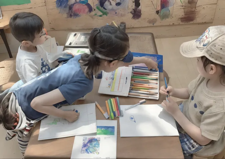 Two children are sitting at a table with books and pencils, Childrens drawings with pencils, Childrens drawings, Childrens drawings, drawing pictures for kids, trend in art station, trending in art station, art station cfg _ scale 9, art station, Captured ...