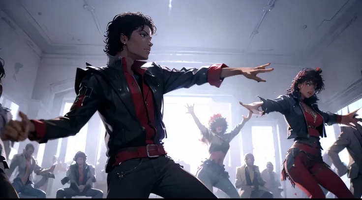 mjthriller surrouded by zombies, dancing king of pop, epic