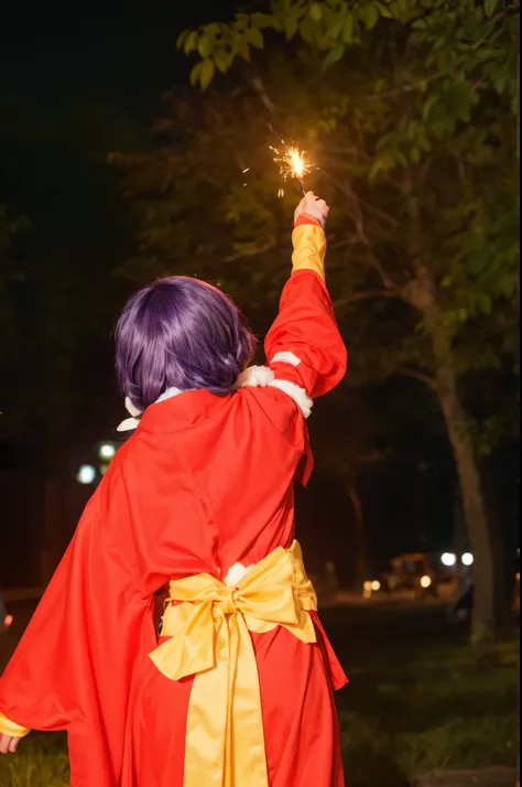 there is a person dressed in a costume holding a sparkler, kitsune holding torch, the sorceress casting a fireball, cosplay, a sorcerer casting a fireball, taken in the night, taken with canon eos 5 d mark iv, fireball lighting her face, cosplay photo, rea...