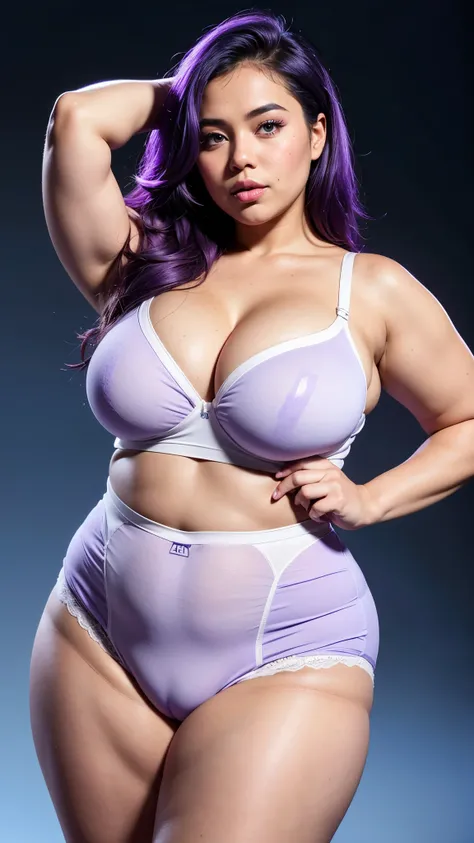 Plus size malay, big ,(( high waist white-purple underwear)), fresh colour dominant, blue lighting ((#FEE3D4 skin color) (microfiber underwear)