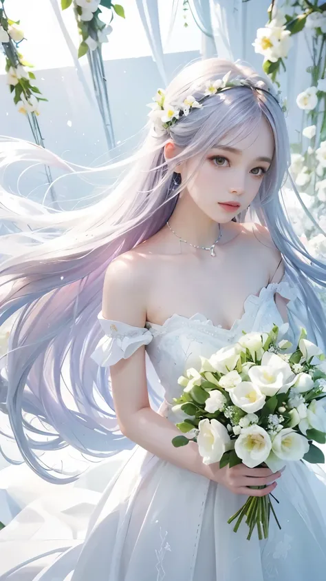 1girl, long hair, flower, Lisianthus, in the style of white and light azure, dreamy and romantic compositions, white, ethereal foliage, playful arrangements, fantasy, high contrast, ink strokes, explosions, over exposure, pink and white tone impression, ab...