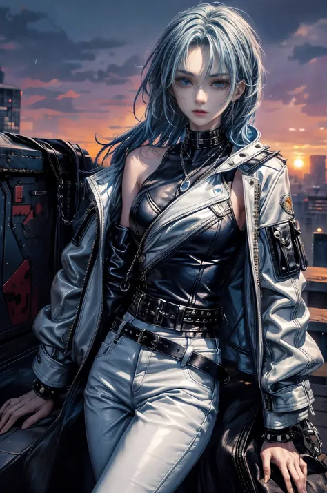 cinematic lighting、highest quality,cyberpunk world、1 female、(20 year old beautiful woman、Detailed beautiful facial features、medium hairの青髪、shoulder length hair、messy hair、blue eyes:1.4)break,medium hair、（Bright blue hair:1.5）
BREAK
((dark leather rebellion...