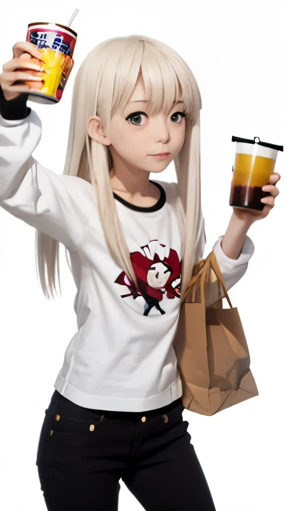 anime girl with a bag of food and a drink, yuruyuri, shikamimi, shiro from deadman wonderland, nyaruko-san, by Kamisaka Sekka, girl with white hair, anime style like fate/stay night, inspired by Kamisaka Sekka, anime girl drinks energy drink, anime girl wi...