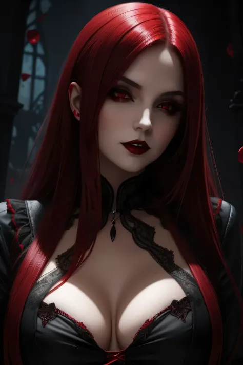 "seductive female vampire with gothic attire, blood red hair, and vampire fangs stained with blood."