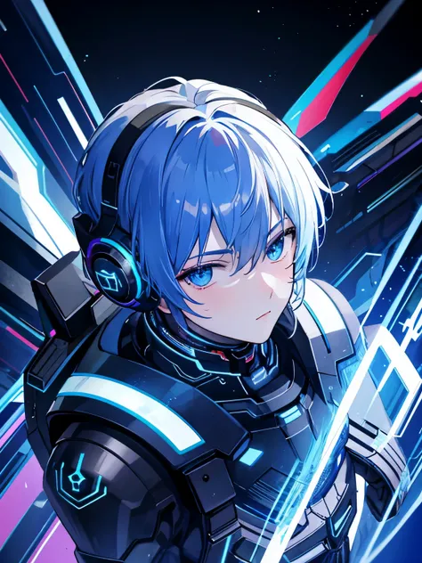 masterpiece, high quality, 1 boy, , alone, male focus, blue eyes, Black light, From above, cyber punk  