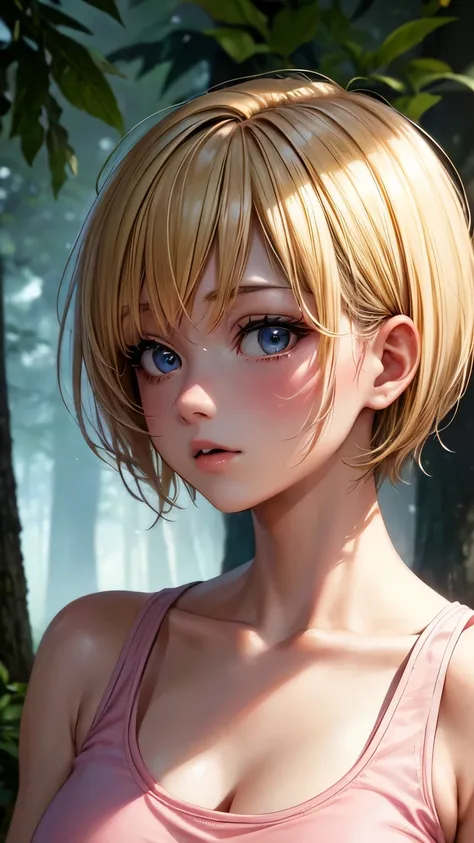 in the forest,blonde,short hair,pink tank top,nipple,Super high quality,masterpiece,super high quality,ultra high resolution,Highest image quality,superlative,highest quality,highest resolution,high quality,beautiful,beautiful,High quality,realな質感,real,8K,...