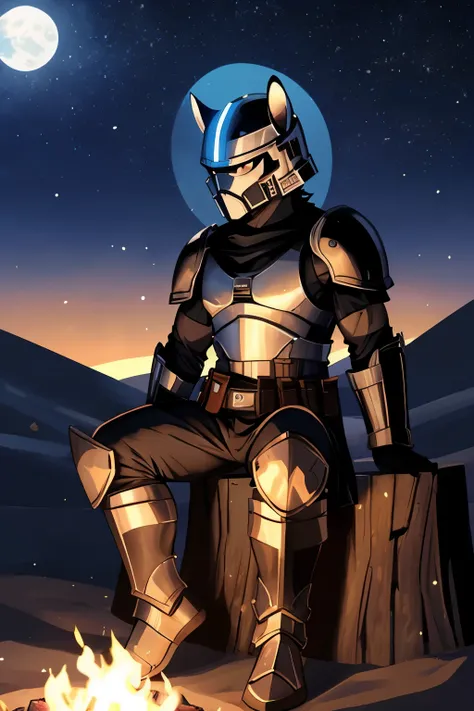 solo, (horse), anthro, male, anthro equine, muscles, handsome, armor, outdoors, outside, full body picture of an anthro equine in mandalorian armor with his helmet removed sitting on a tree branch near the campfire in the desert, helmet placed beside indiv...