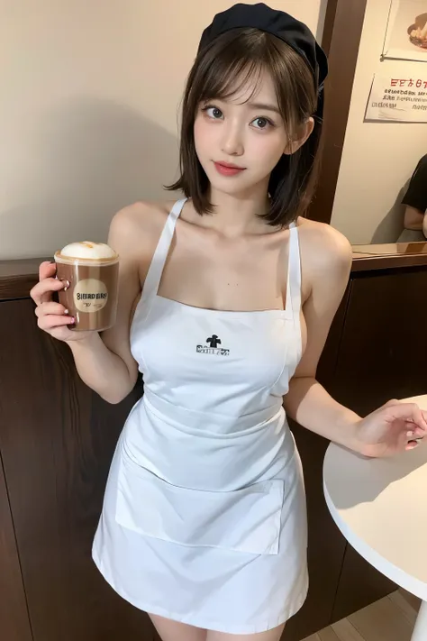 the most beautiful 25-year-old women, detailed body with big breasts, (((holding hot coffee in hand))), (((naked apron))),((maid...