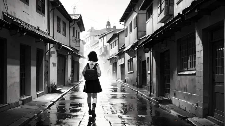 High resolution,High resolution,high quality,Girl carrying a school bag,standing alone&#39;turned away,old Town,nostalgic,monochrome