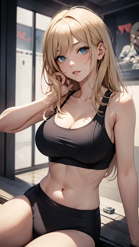 最high quality、best image quality、masterpiece、teenage girl((20-year-old、 By becoming、vest bust、medium bust,wide open breast tea、black eye, blonde hair、long hair、thin,highest valley、blue sports bra、Blue sports pants、push ups)),high quality、beautiful art、back...