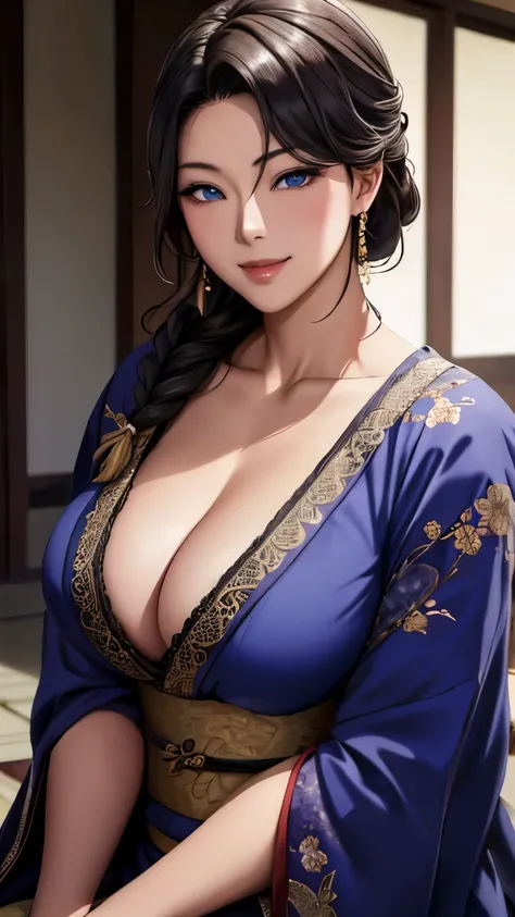 Beautiful Asian woman with a flirtatious smile, Super busty Ronin wearing a gold lace kimono, Meiji Restoration, blue eyes, focused on the audience, Jimbo&#39;s, cleavage, Drop your shoulders, hd, Uhd, WLOP, art germ, braided hairstyles, big anime eyes, re...