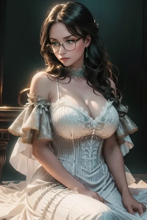 short woman, I&#39;m puffing, bbw, big breasts, victorian dress, Gothic, Dark Academy, long brown hair, bang, loose hair, hair below shoulders, Green eyes, Beautiful eyes, emerald eyes, glasses, круглые glasses, Disgruntled look, stern look, Thin lips, hig...