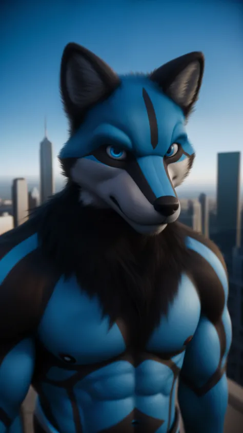 A muscular male fox fursuit with tattoos on his body and wearing a sensational Power Rangers Blue cosplay a realistic background of an ultimate realistic United States city looking at the viewer blue eyes 8K RAW photo, best quality, ultra-realistic, ultra-...