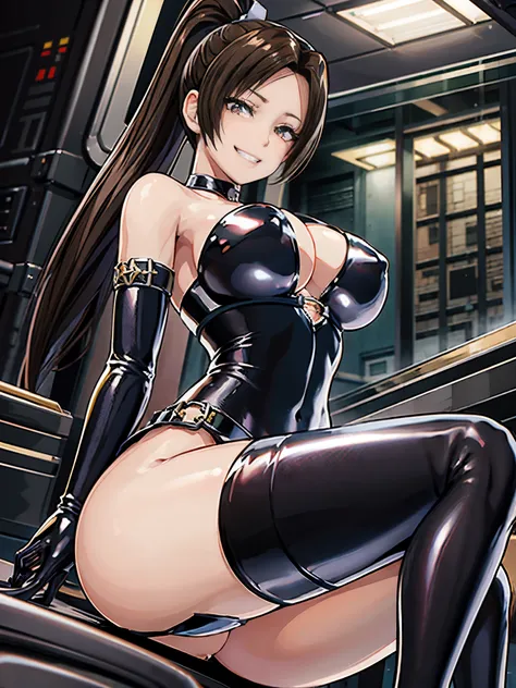 女性1 person、(((black shiny latex bondage suit)))、(from below:1.3)、 brown hair, brown eyes, long and high ponytail, hair band,  1 person、25 years old, japanese mature woman, beautiful fingers, beautiful long legs, beautiful body, beautiful nose, beautiful ch...