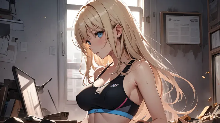 最high quality、best image quality、masterpiece、teenage girl((20-year-old、 By becoming、vest bust、medium bust,wide open breast tea、black eye, blonde hair、long hair、thin,highest valley、blue sports bra、Blue sports pants、Do push-ups、sweating、scattering of sweat))...