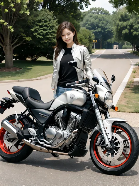 Super detailed, High resolution, (realistic, Photoreal:1.4), 8k, RAW photo, (masterpiece), (highest quality), (The details are very fine)、Physically based rendering, ((((ride a motorcycle))))、Female college student, long brown hair, Japan,  smile、((long le...