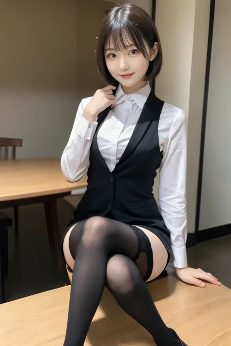 table top, highest quality, figure, super detailed, finely, High resolution, 8k wallpaper,short hair、 完璧なダイナミックな構figure, beautiful and fine eyes, business suit，natural color lip, smile、18 year old girl，Wearing black tights and stockings、plump thighs、shortc...