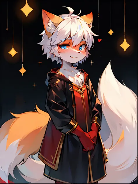 fox boy，male focus，Characteristics of a four-year-old boy，furry men，blue eyes，white hair，fox girl，female focus，Characteristics of a four-year-old girl，Furry women，red eyes，hair，shy happy expression，Smile