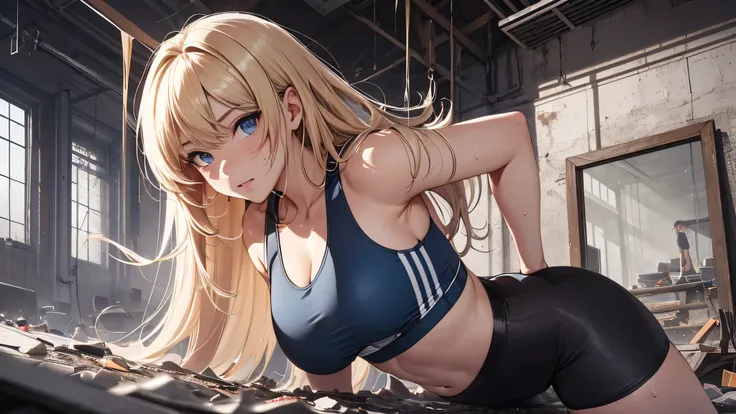 最high quality、best image quality、masterpiece、teenage girl((20-year-old、 By becoming、vest bust、medium bust,wide open breast tea、black eye, blonde hair、long hair、thin,highest valley、blue sports bra、Blue sports pants、stretch、sweating、scattering of sweat)),hig...