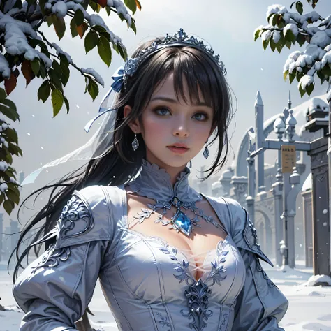 proud woman, detailed face,swollen lips,   realistic skin texture, Wearing dazzling folds (french silk ball gown,frills, trace, and a bow, hand embroidered bodice. ), realistic, (((fantasy))), artwork, frozen rose garden, magical ice castle, winter, (cool ...