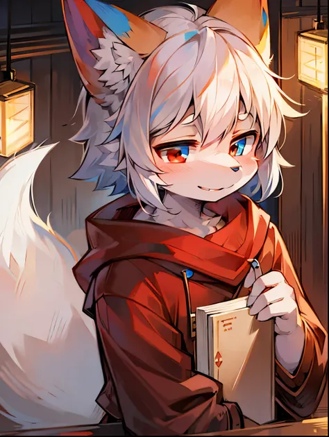 fox boy，male focus，Characteristics of a four-year-old boy，furry men，blue eyes，white hair，fox girl，female focus，Characteristics of a four-year-old girl，Furry women，red eyes，hair，shy happy expression，Smile