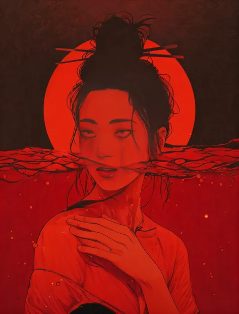 a woman with blood on her face standing in the water, inspired by Itō Shinsui, red water, red tears, blood in the seahighly, inspired by Takato Yamamoto, standing in a pool of blood, some red water, watery red eyes, artistic. alena aenami, aenami alena, la...