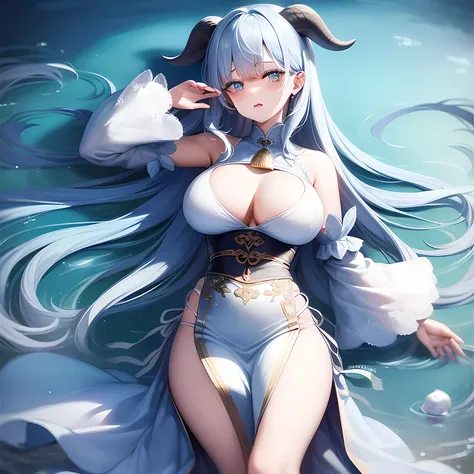 photorealistic:1.49, film grain:1.49, (masterpiece), (intricate details), 1girl, solo, mature female, large breasts, ganyu, light blue hair, goat horns, white sleeves, ((white top)), half body portrait, half body, lying, lying on water, drawn, face at wate...