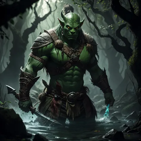 dungeons and dragons (Orc), (pele verde:1.2) [laranja | vermelho] olhos, [branco | vermelho] careca armaduras, correntes, Horrible design, (standing in a pool of blood on the battlefield), (dead trees), (illustration:1.1), (detalhes perfeitos:1.1), Paisage...